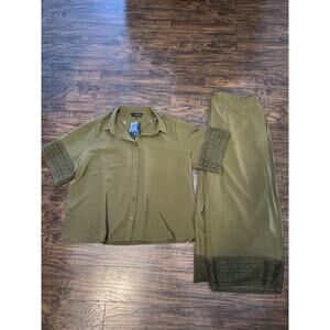 Fred David Women’s 2 Piece Outfit 1X Olive Blouse Pants Embroidered Trim